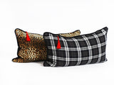Lumbar Pillow in Black and Brown Plaid Flannel with Velvet Back
