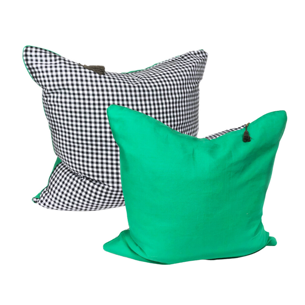 26" x 26" Cover in Green Linen with Black Cotton Gingham