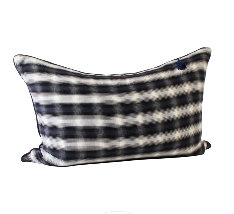 Headboard Cushion Cover in Charcoal & Chocolate Plaid with Solid Back