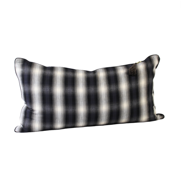 Headboard Cushion Cover in Charcoal & Chocolate Plaid with Solid Back