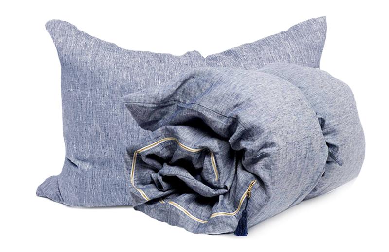 Solid Yarn-Dyed Throwbed + Headboard Cushion in Blue