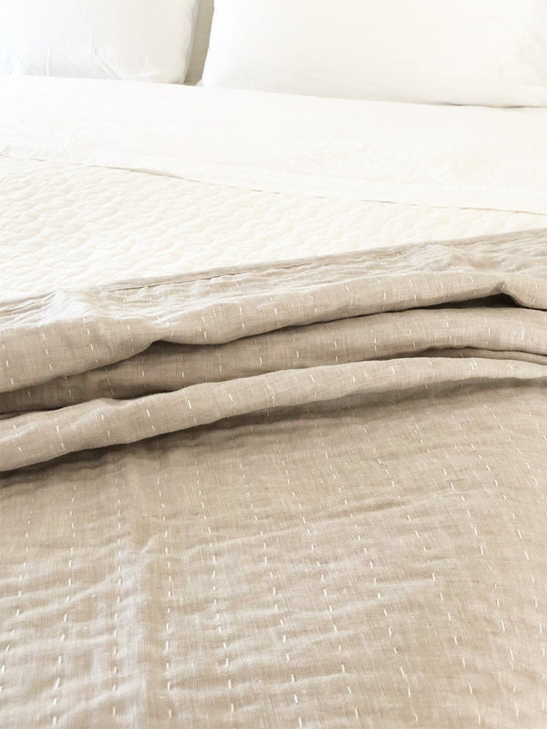 Kantha Quilted Throw Blanket in Solid Oatmeal