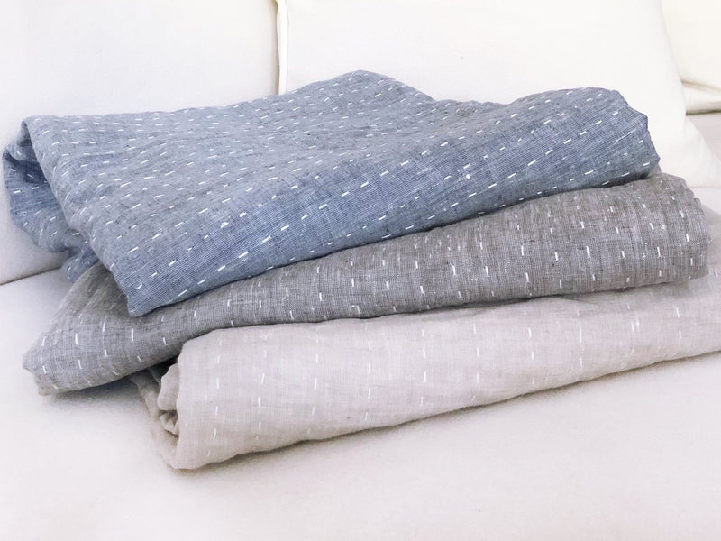 Kantha Quilted Throw Blanket in Solid Blue