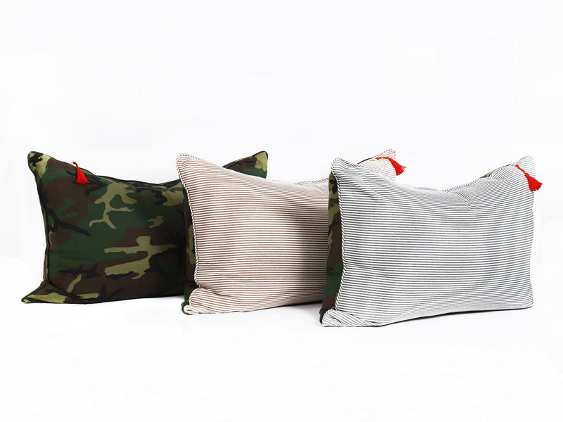 Headboard Cushions in Camo and Toulouse Brown