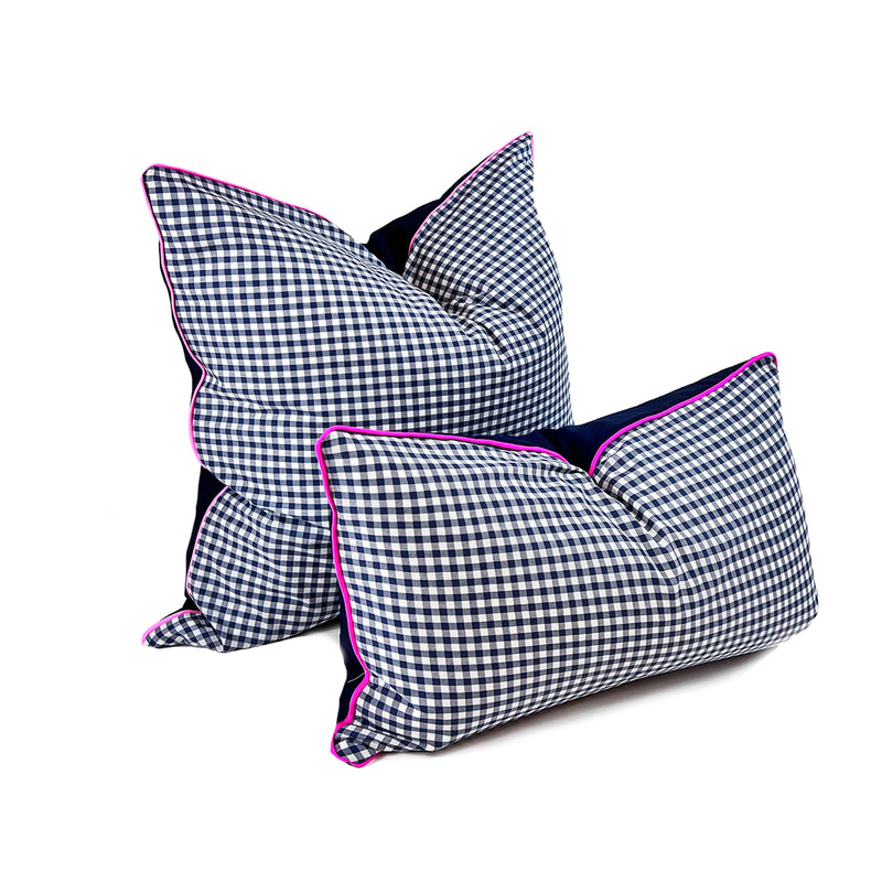 14" x 26" Lumbar Cover in Penelope Navy Gingham & Solid with Pink